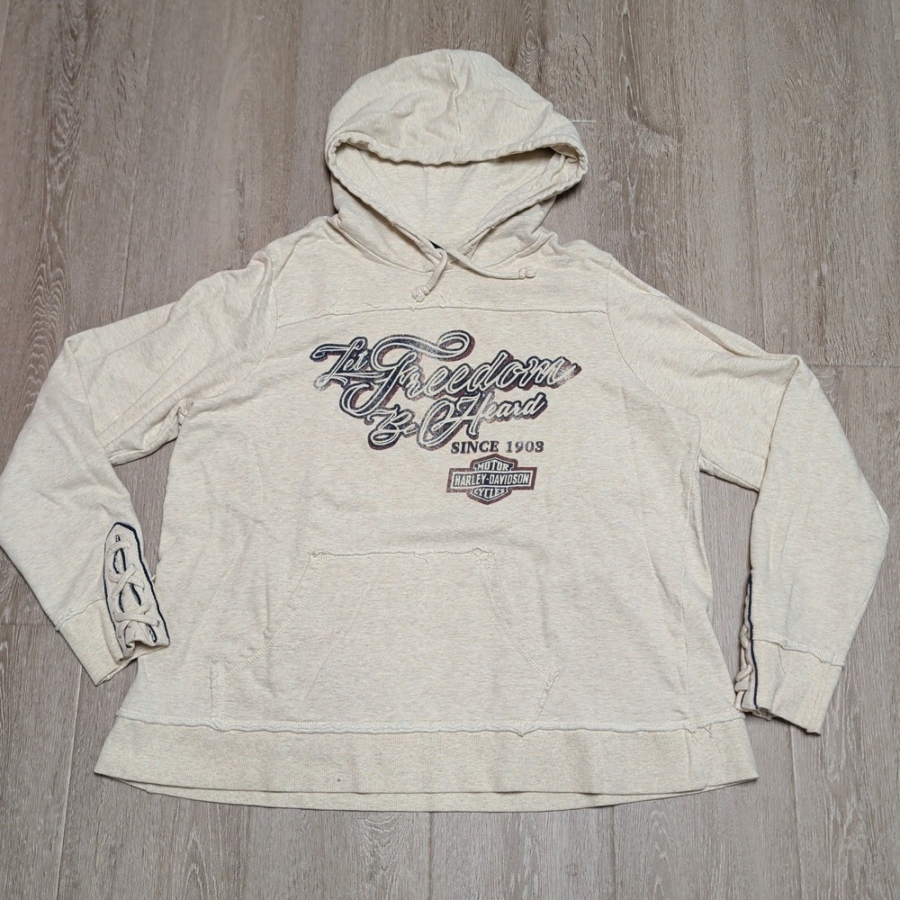 Harley-Davidson Hoodie Womens 2XL Cream Lace Up Cuffs Let Freedom Be Heard Soft